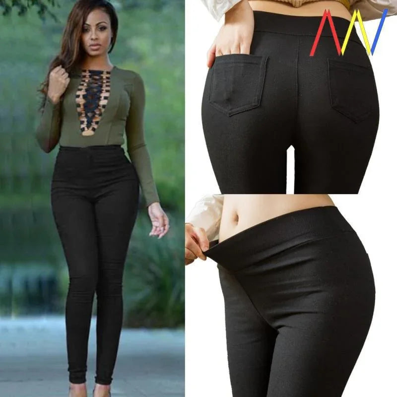 Woman modeling high-waisted black skinny pants with stretch fabric and rear pockets