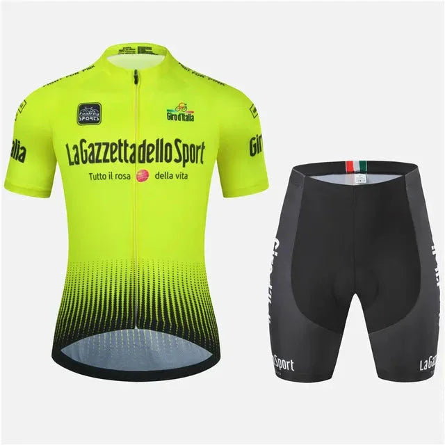 Giro d'Italia yellow cycling jersey and black bib shorts set with La Gazzetta dello Sport logo