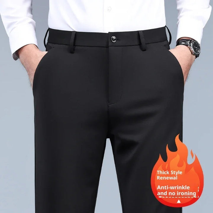 Man wearing black formal pants with pockets and a white shirt, highlighting anti-wrinkle fabric