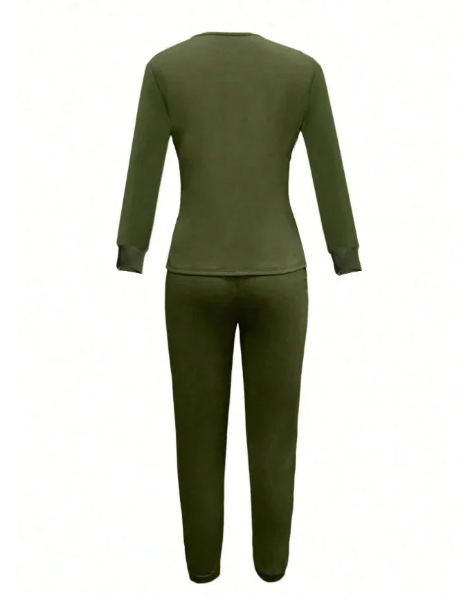 Back view of olive green women's long sleeve top and matching jogger pants set