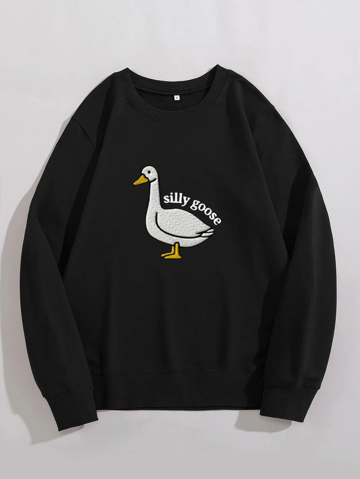 Black sweatshirt with white goose graphic and text 'silly goose' embroidered on front