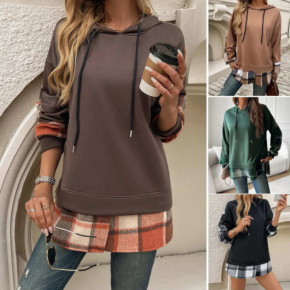 Women wearing casual hooded sweatshirts layered over plaid shirts, shown in brown, tan, green, and black styles