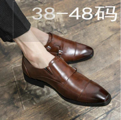 brown leather formal shoes with double monk strap on wooden floor