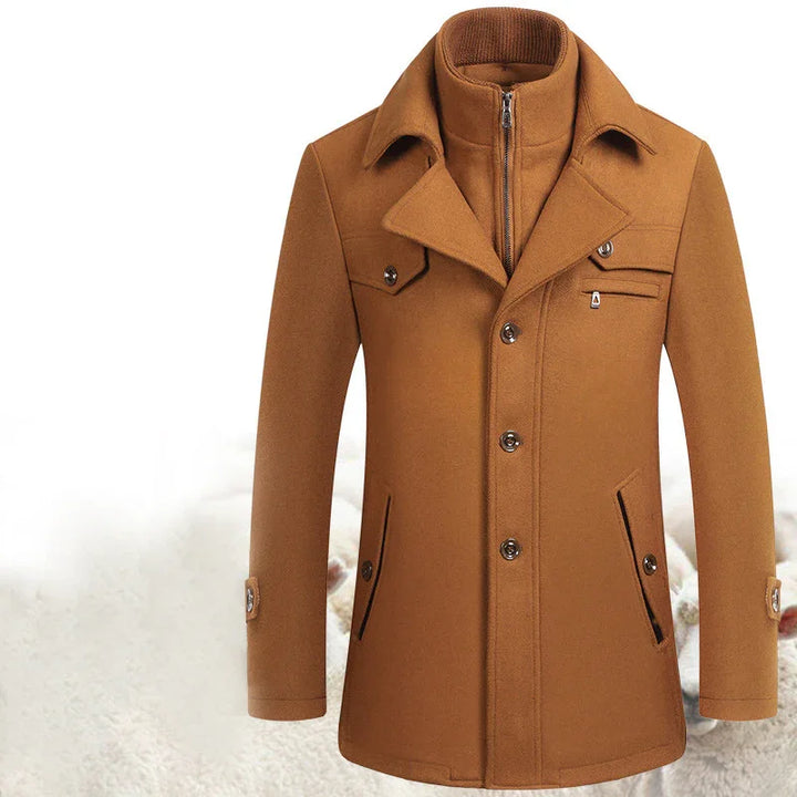 Men's camel brown winter coat with button closure and inner zip-up collar jacket