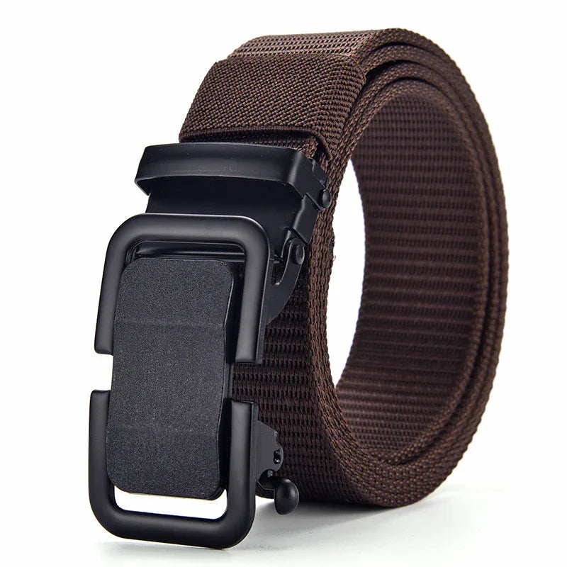 Durable brown fabric belt with black metal clamp buckle, rolled up on white background