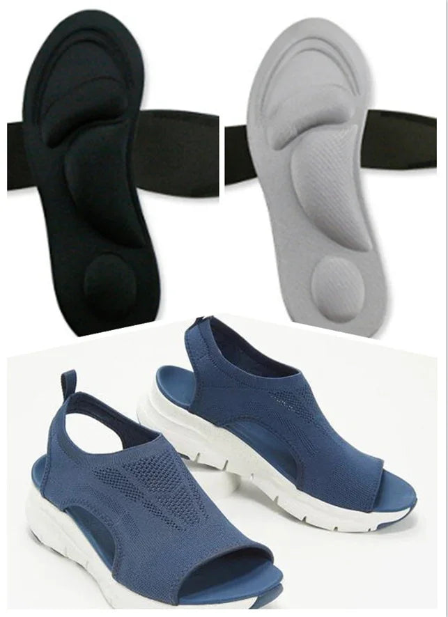 Blue open-toe knit sport sandals with white soles and black and gray cushioned insoles