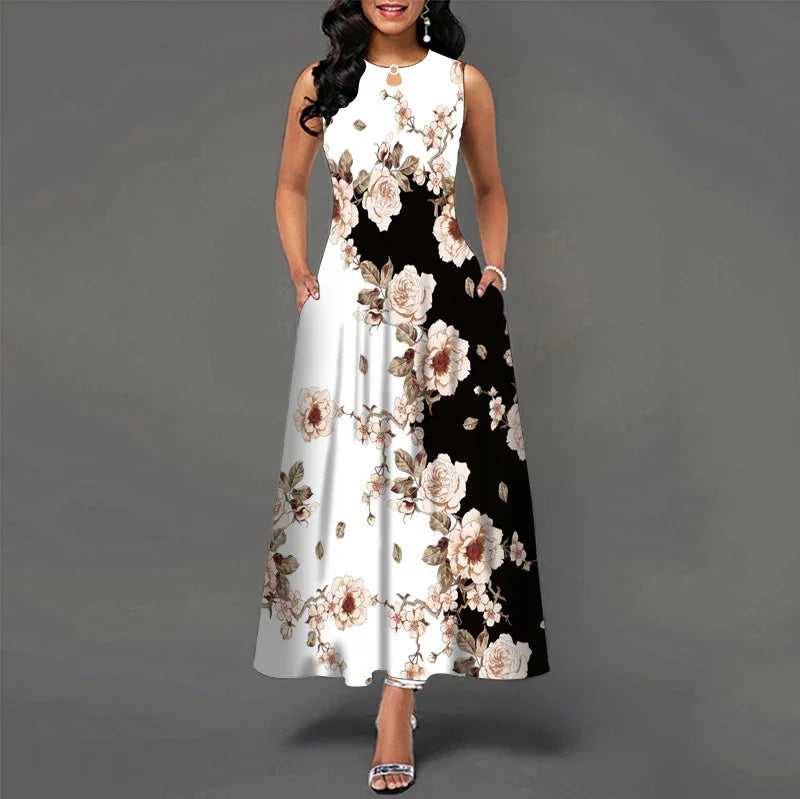 Elegant sleeveless long dress with black and white floral pattern and keyhole neckline