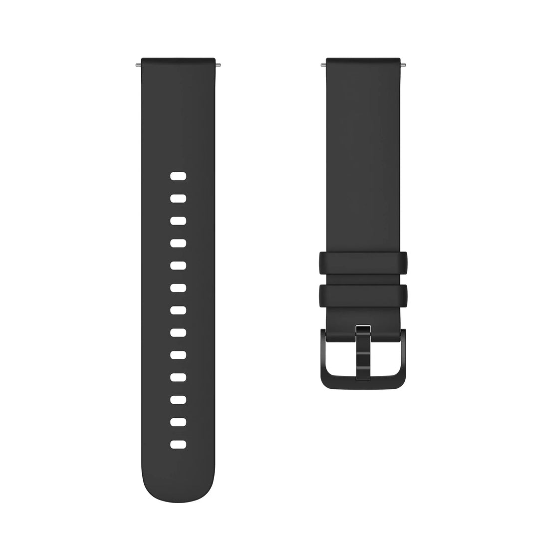 black silicone watch band with buckle and adjustment holes, isolated on white background