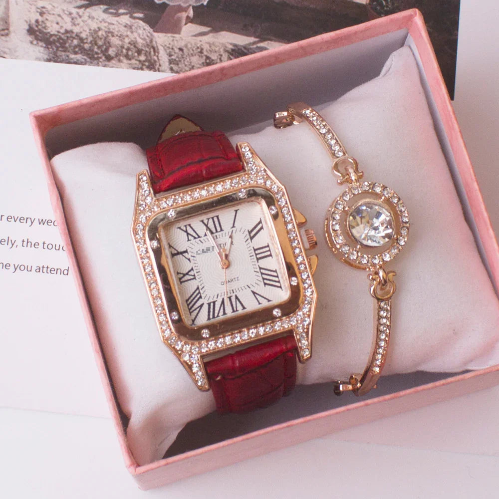 Elegant women's gift set with gold-tone watch featuring rhinestones and red leather strap, plus matching rhinestone bracelet