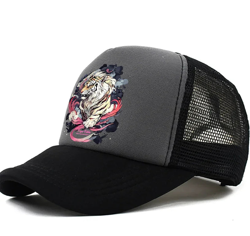 Black and gray mesh trucker hat with artistic white tiger design and red accents on front panel