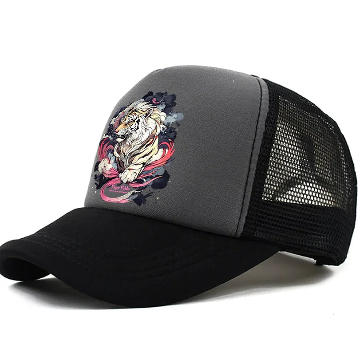 Black and gray mesh trucker hat with artistic white tiger design and red accents on front panel