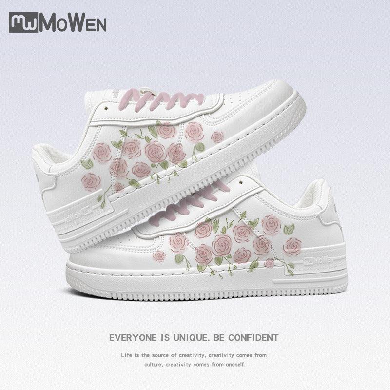 White sneakers with pink floral design and pink laces by MoWen, stylish casual shoes