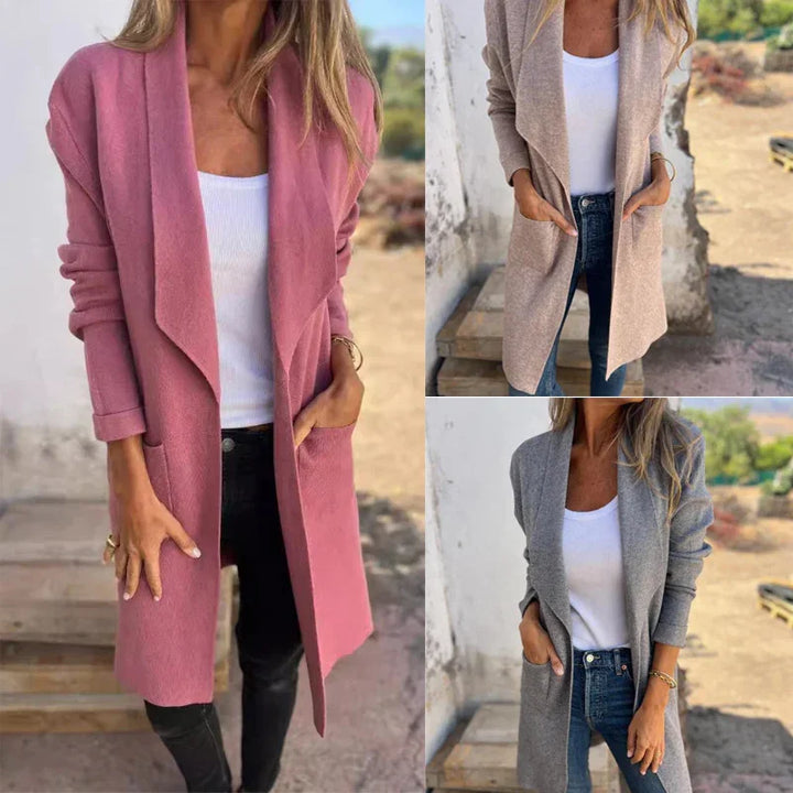 Women wearing casual open-front knit cardigans in pink, beige, and gray with white tank tops and jeans outdoors