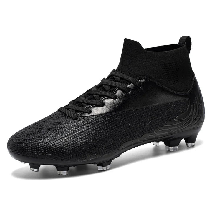 Black high-top soccer cleat with textured synthetic upper and studded sole for firm ground