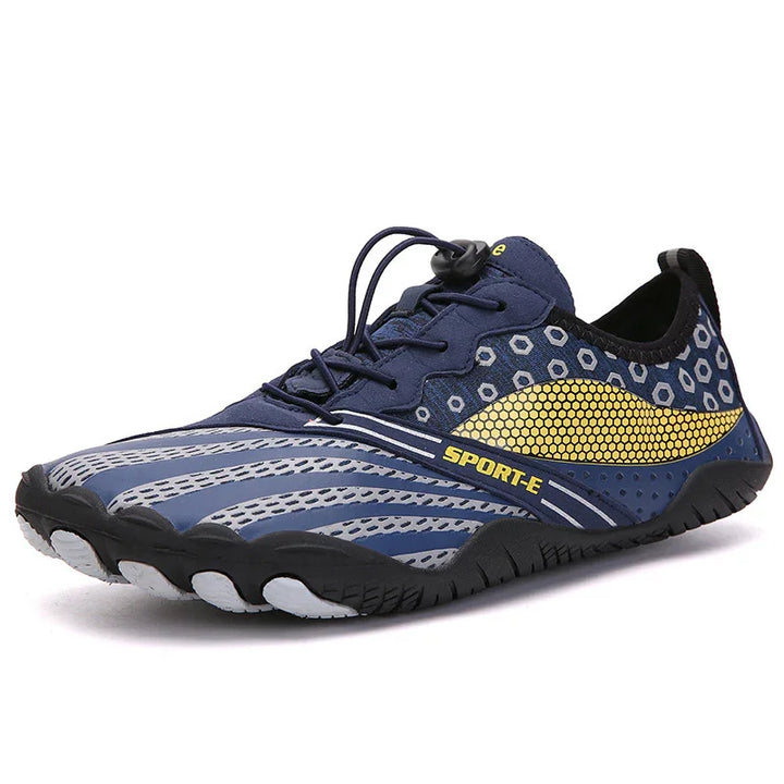 Blue and yellow Sport-E water shoe with hexagonal pattern and lace toggle closure