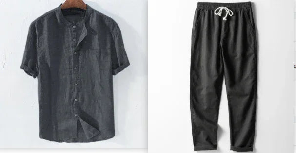 Men's black casual short sleeve button-up shirt and black jogger pants with white drawstring