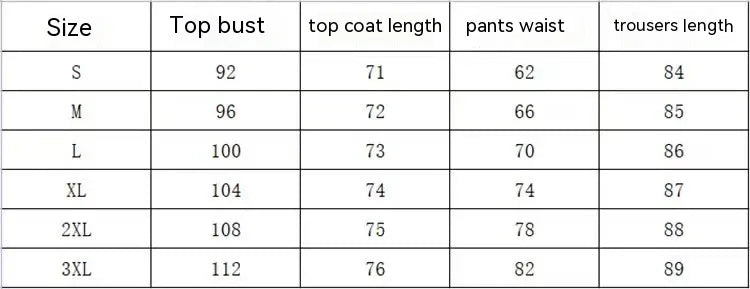 Size chart for women's clothing with measurements for bust, coat length, waist, and trousers length in sizes S to 3XL
