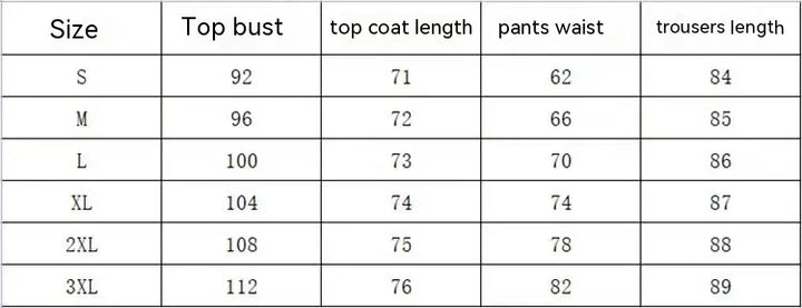 Size chart for women's clothing with measurements for bust, coat length, waist, and trousers length in sizes S to 3XL