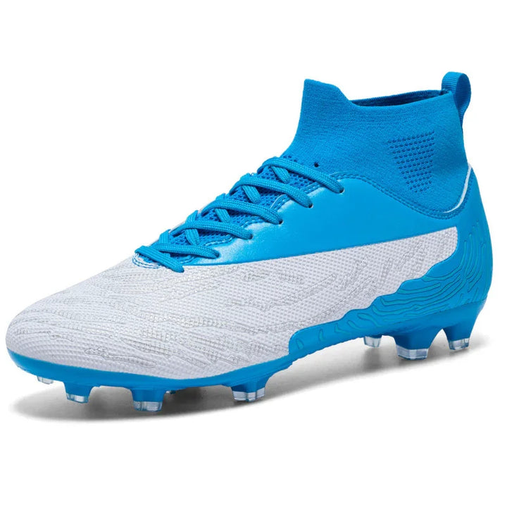Blue and white high-top soccer cleat with textured upper and studded sole on white background