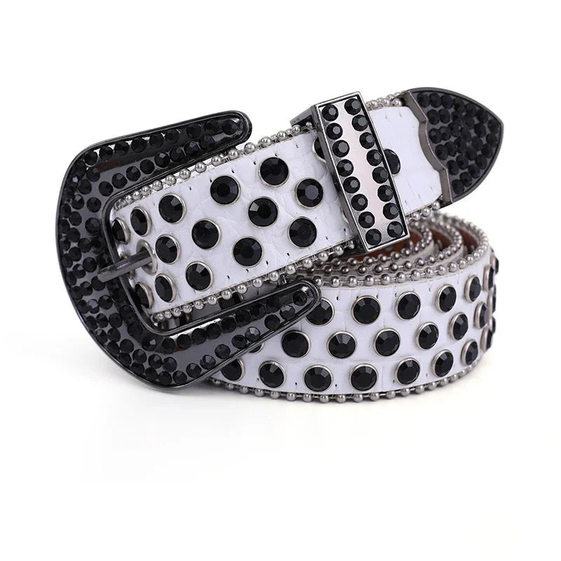 white leather belt with black rhinestones and silver studs, featuring a large black rhinestone buckle