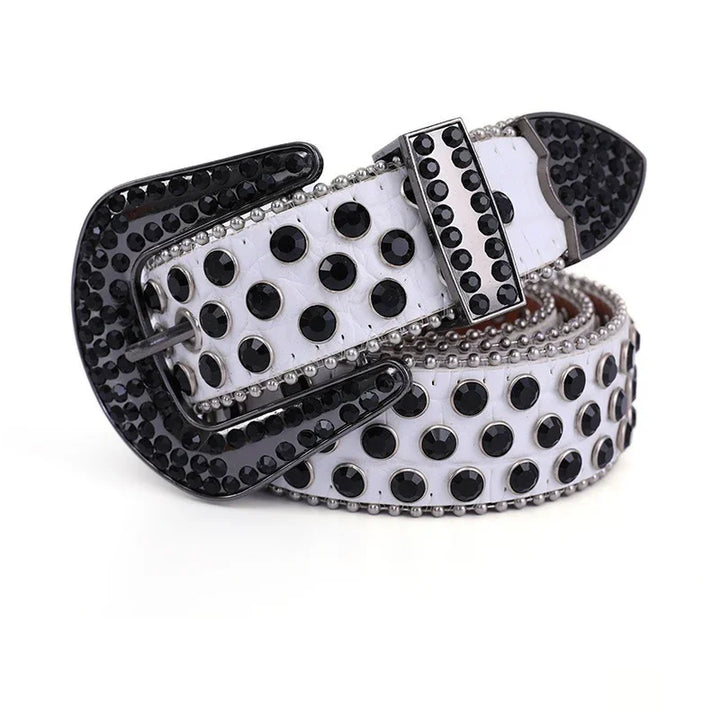 white leather belt with black rhinestones and silver studs, featuring a large black rhinestone buckle