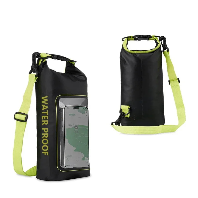 Black waterproof dry bag with yellow strap and clear phone pocket, outdoor gear