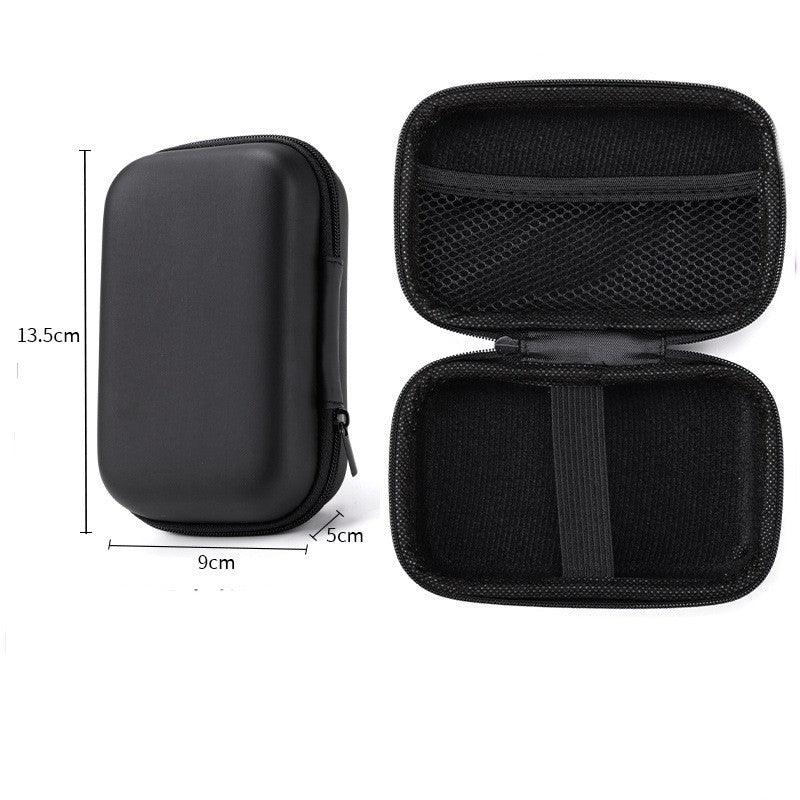 Black hard shell travel case with zipper, mesh pocket, and elastic band, size 13.5x9x5cm