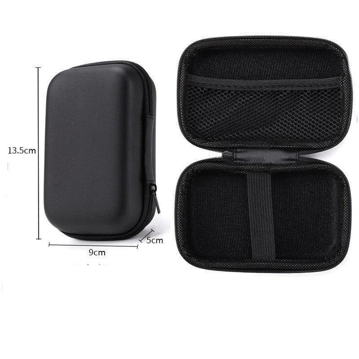 Black hard shell travel case with zipper, mesh pocket, and elastic band, size 13.5x9x5cm
