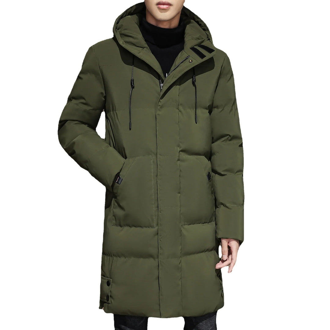 Men's long olive green padded winter jacket with hood and front pockets