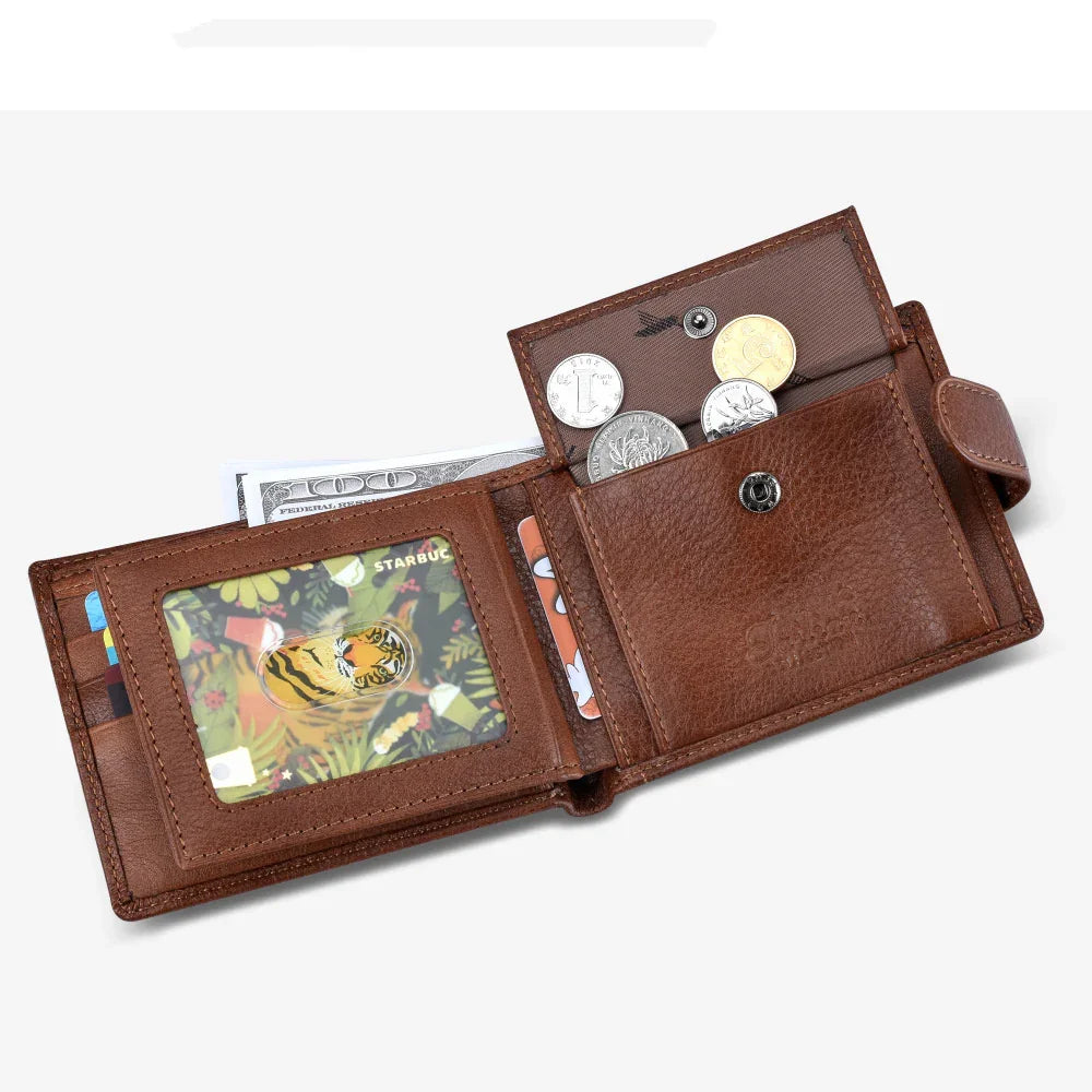 Open brown leather wallet with visible cards, cash, and coins in coin pouch on white background