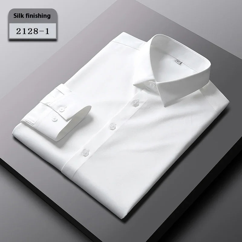 White folded silk finishing dress shirt 2128-1 on gray surface with label
