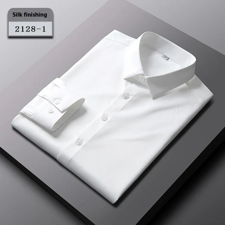 White folded silk finishing dress shirt 2128-1 on gray surface with label