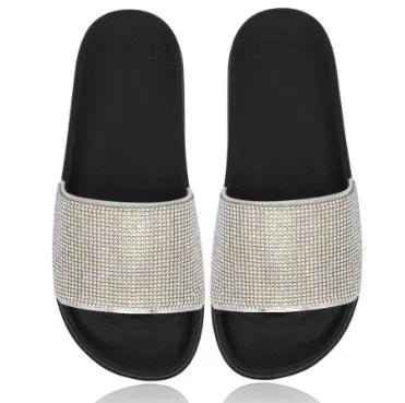 Black slide sandals with wide sparkling rhinestone straps, stylish and comfortable footwear