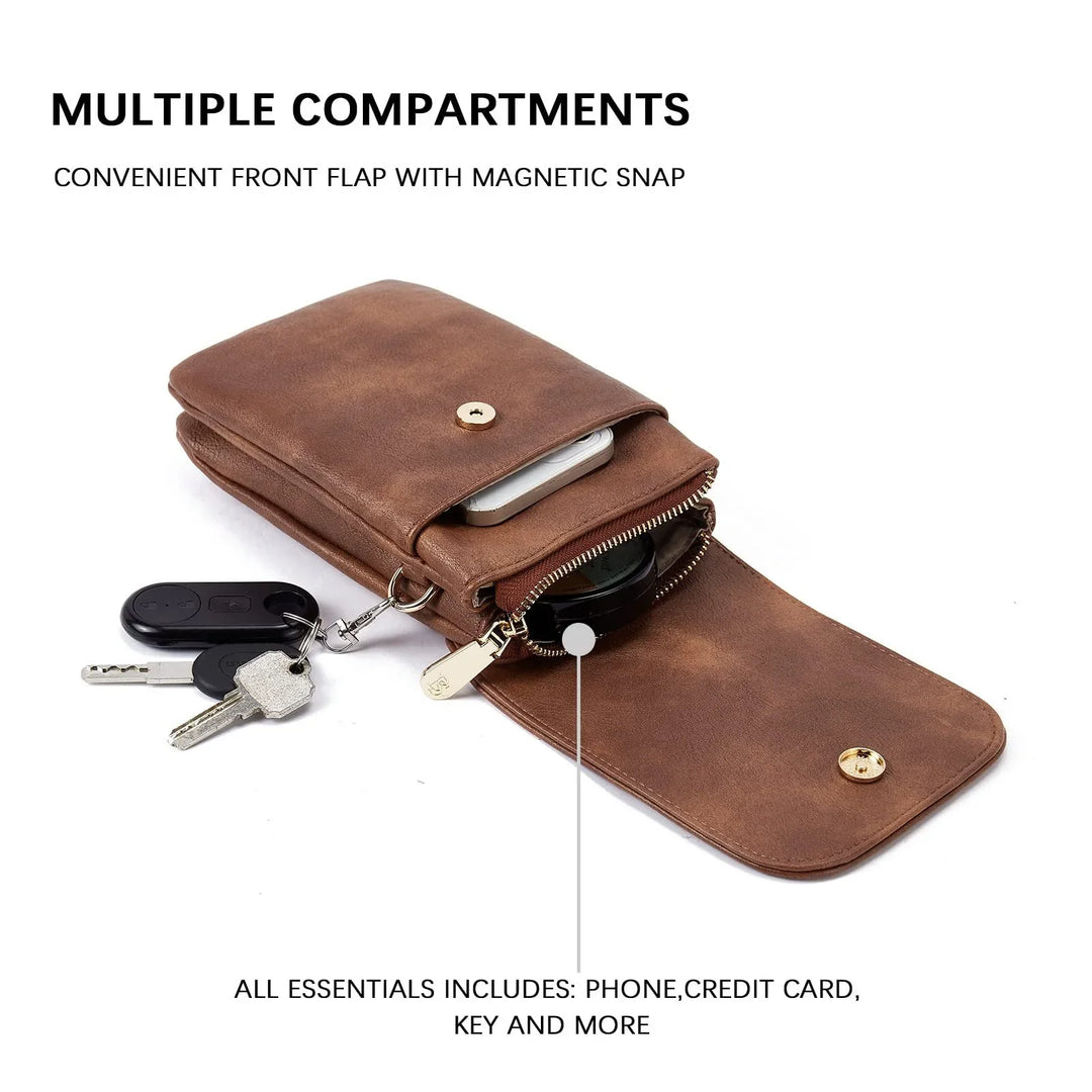 Brown leather wallet with multiple compartments, magnetic snap, holding phone, keys, and accessories