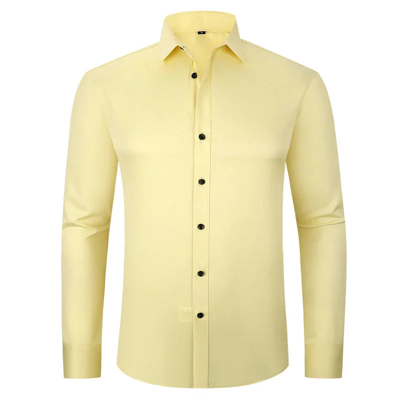 Men's pale yellow long sleeve dress shirt with black buttons and classic collar