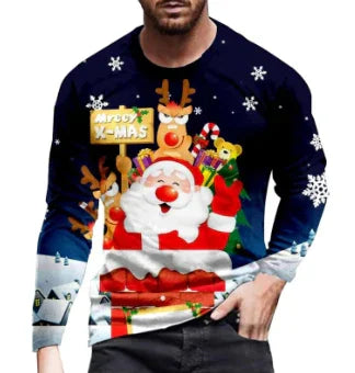 Man wearing navy blue Christmas sweater with Santa, reindeer, gifts, candy cane, and snowflakes design