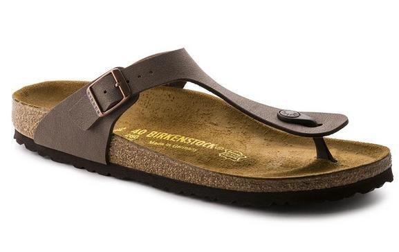brown Birkenstock thong sandal with cork footbed and adjustable buckle strap