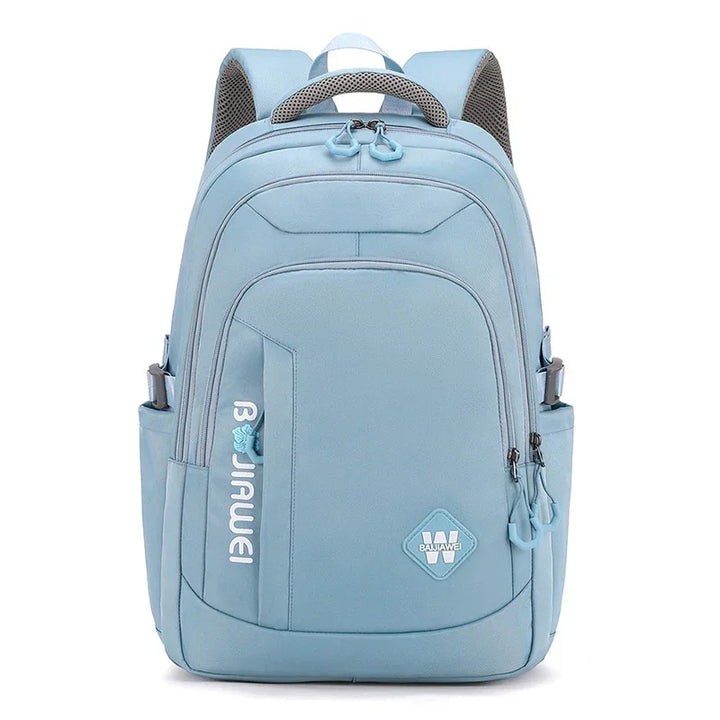 Light blue backpack with multiple zippered compartments and side pockets, padded straps, and logo patches