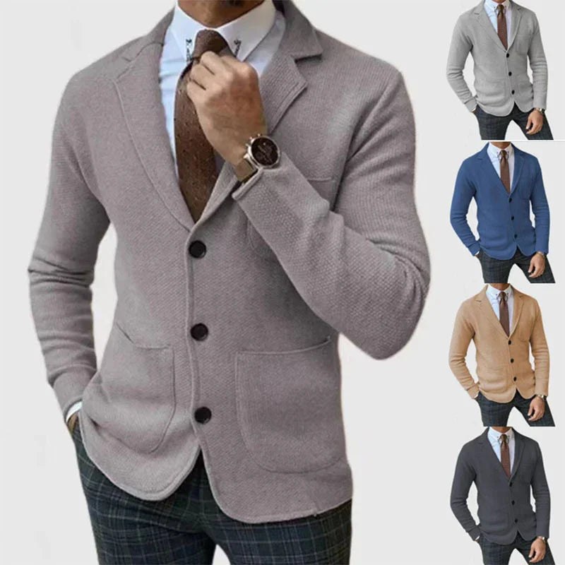 Men's button-up knit blazer in light gray with brown tie, white shirt, plaid pants, available in four colors