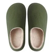 Pair of olive green cozy fleece-lined slippers with rounded toes on white background