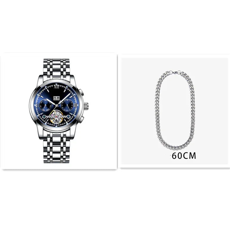Silver stainless steel watch with blue dial and 60cm silver chain necklace