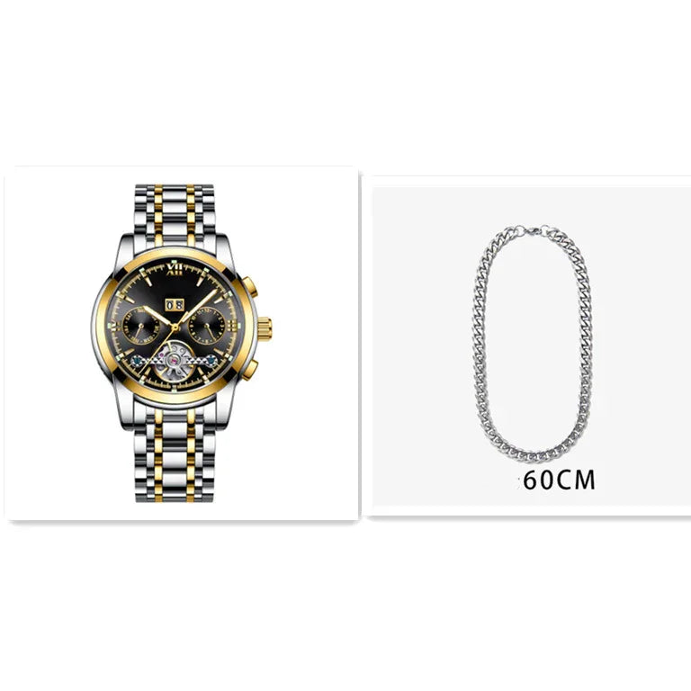 Luxury two-tone gold and silver wristwatch with black dial and 60CM silver chain necklace