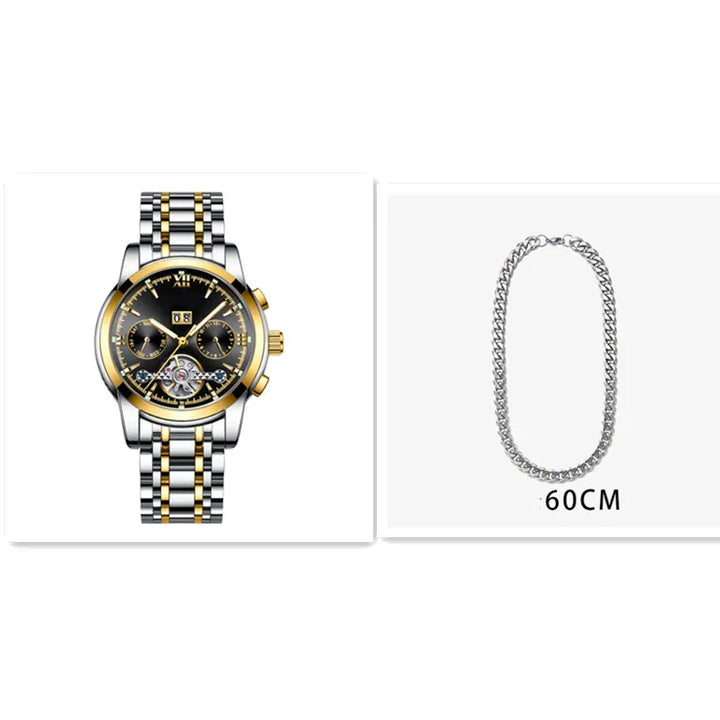 Luxury two-tone gold and silver wristwatch with black dial and 60CM silver chain necklace
