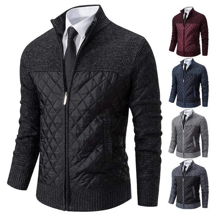 Men's quilted and knitted full-zip sweater jacket in black, red, blue, gray, and charcoal with collar