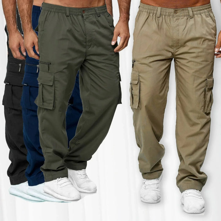 Men's cargo pants in black, navy blue, olive green, and khaki with white sneakers