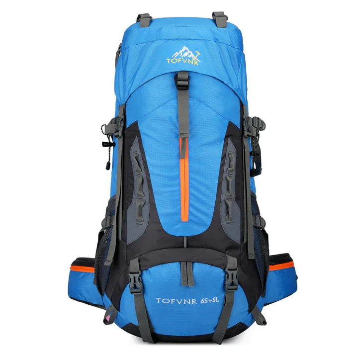 Blue and black TOFVNR 65+5L hiking backpack with orange zipper and multiple straps