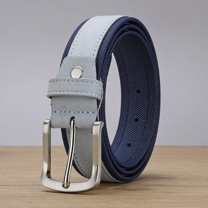 men's navy blue fabric belt with light gray suede leather strap and silver buckle