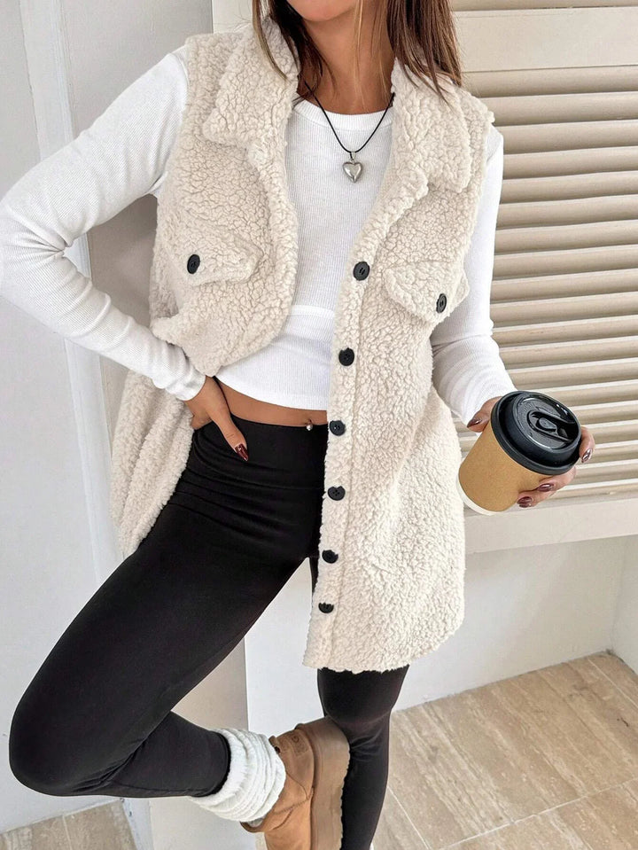 Woman wearing a white sherpa buttoned vest, white long sleeve top, black leggings, tan boots with white socks, holding a coffee cup