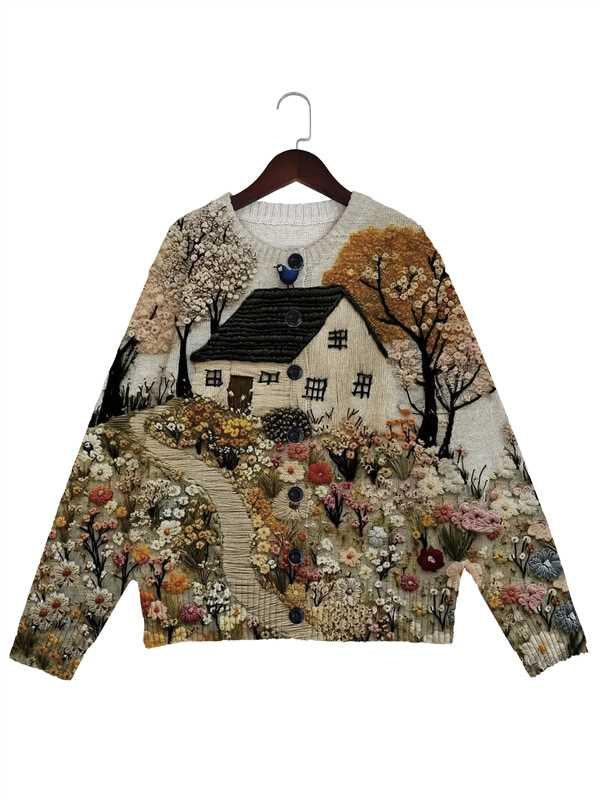 Embroidered sweater with a charming countryside cottage, pathway, flowers, and trees in autumn colors