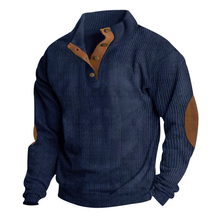 Men's navy blue corduroy pullover with brown button placket and elbow patches